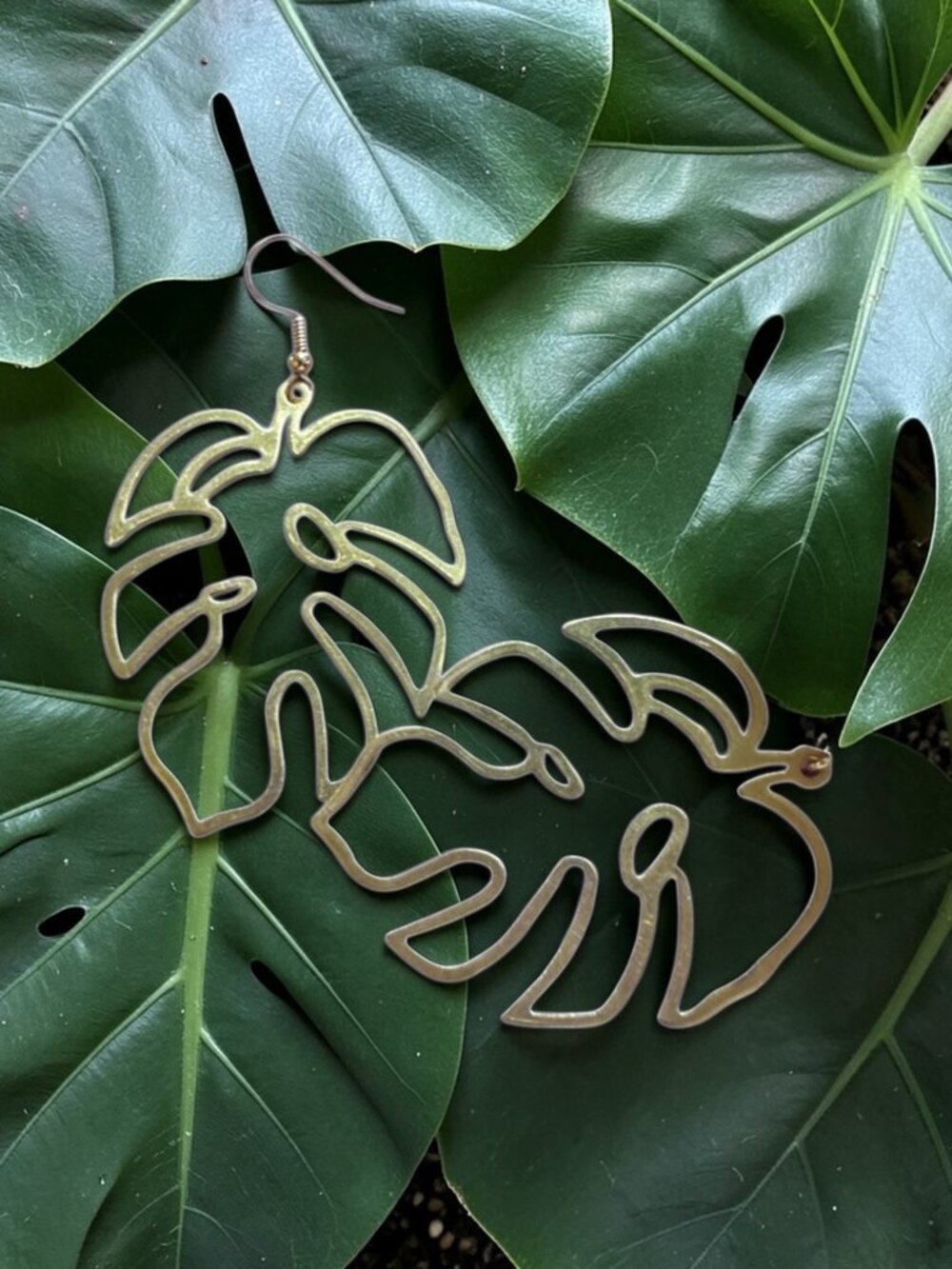 Gold Tortoise Leaf Earrings Brass Oversized Tropical Statement Dangle 3"